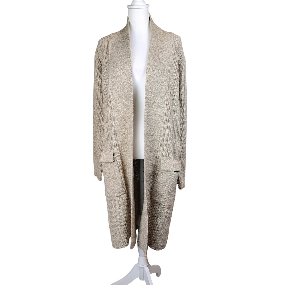 POL Open Front Cardigan Sweater Womens Large Tan Knit Pockets Casual Cozy Long